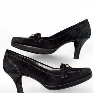 Black suede leather loafers with silver detail